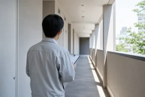 単身者向け賃貸マンションの共用廊下で騒音トラブルの現場確認をする管理担当者