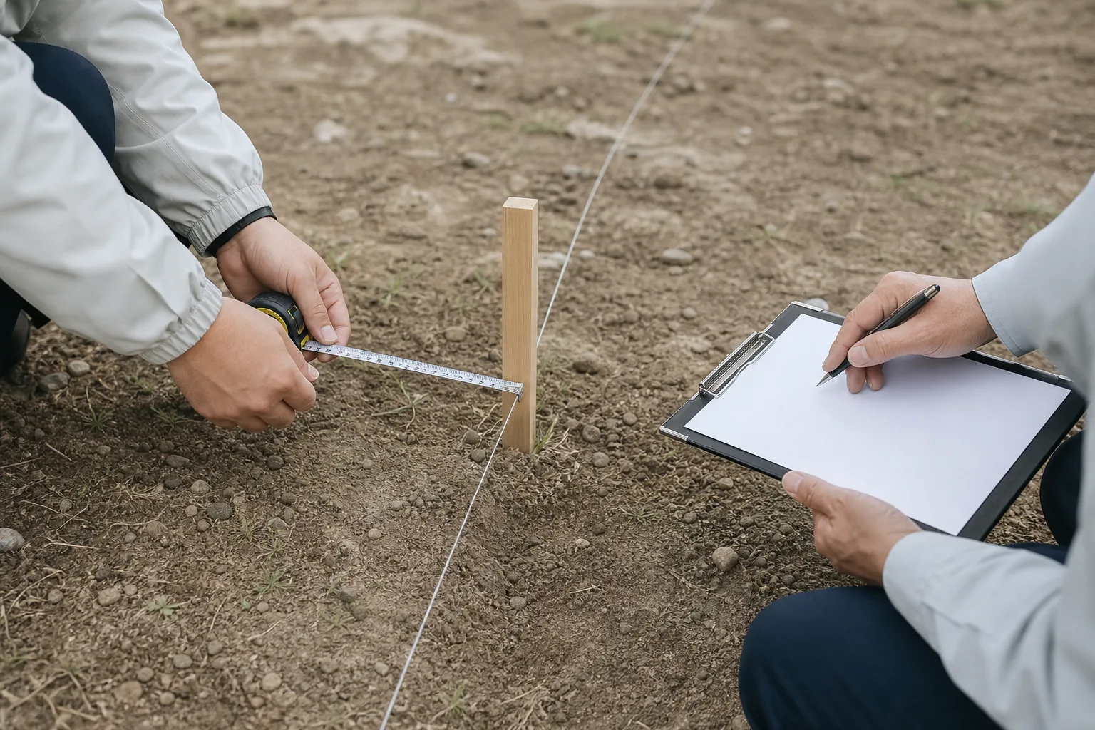隣接する土地の境目を図面と測量道具で確認する様子