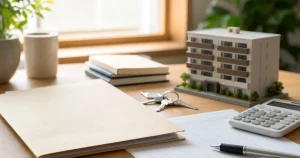 相続登記の資料と賃貸アパート・マンションの収支を確認する机上のイメージ